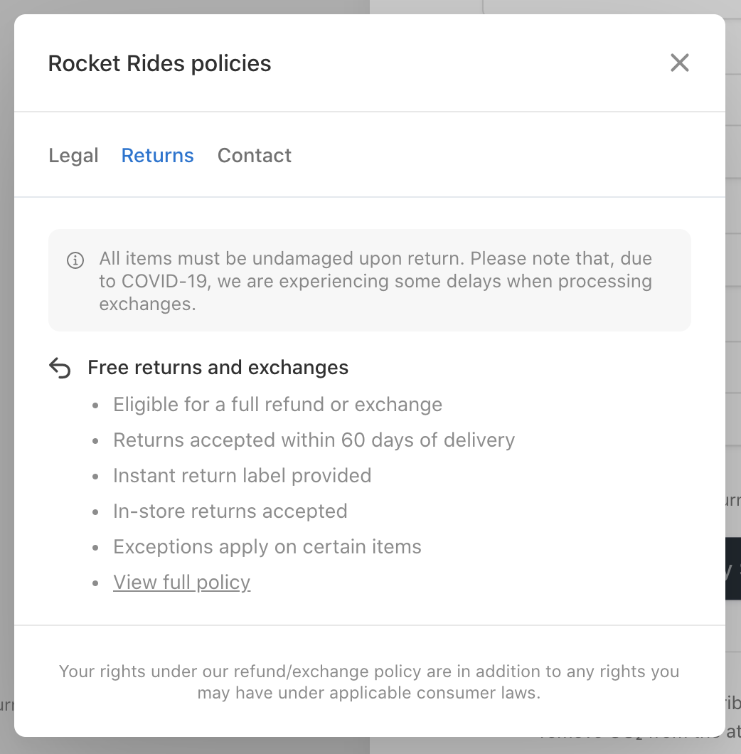 Preview of return policies on Checkout